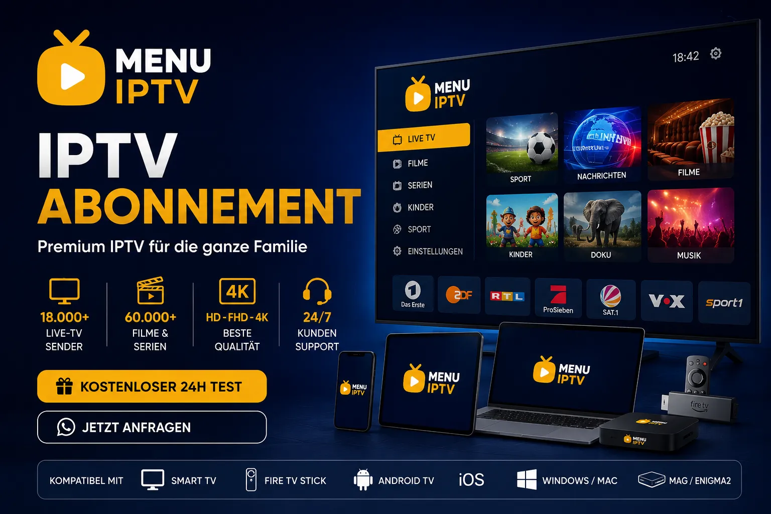 IPTV Abonnement 2026 von MenuIPTV mit über 18.000 Live-TV-Sendern und 60.000+ Filmen