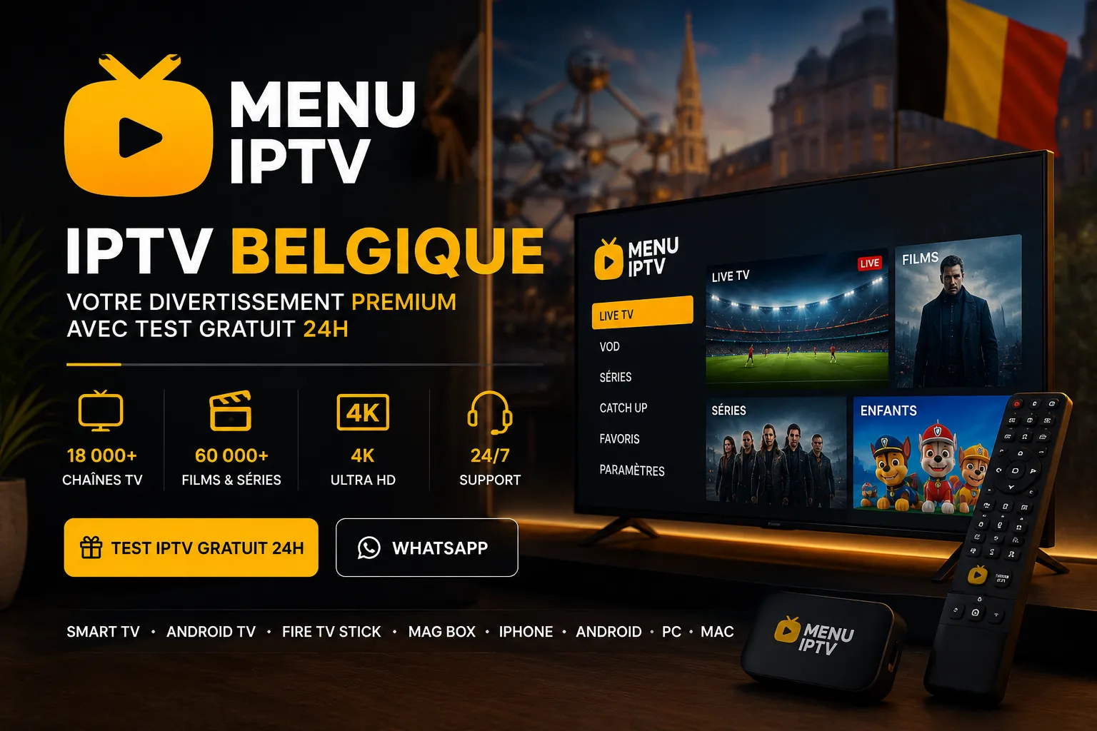 IPTV Belgique 2026 avec MenuIPTV - Plus de 18 000 chaînes TV et 60 000+ films et séries
