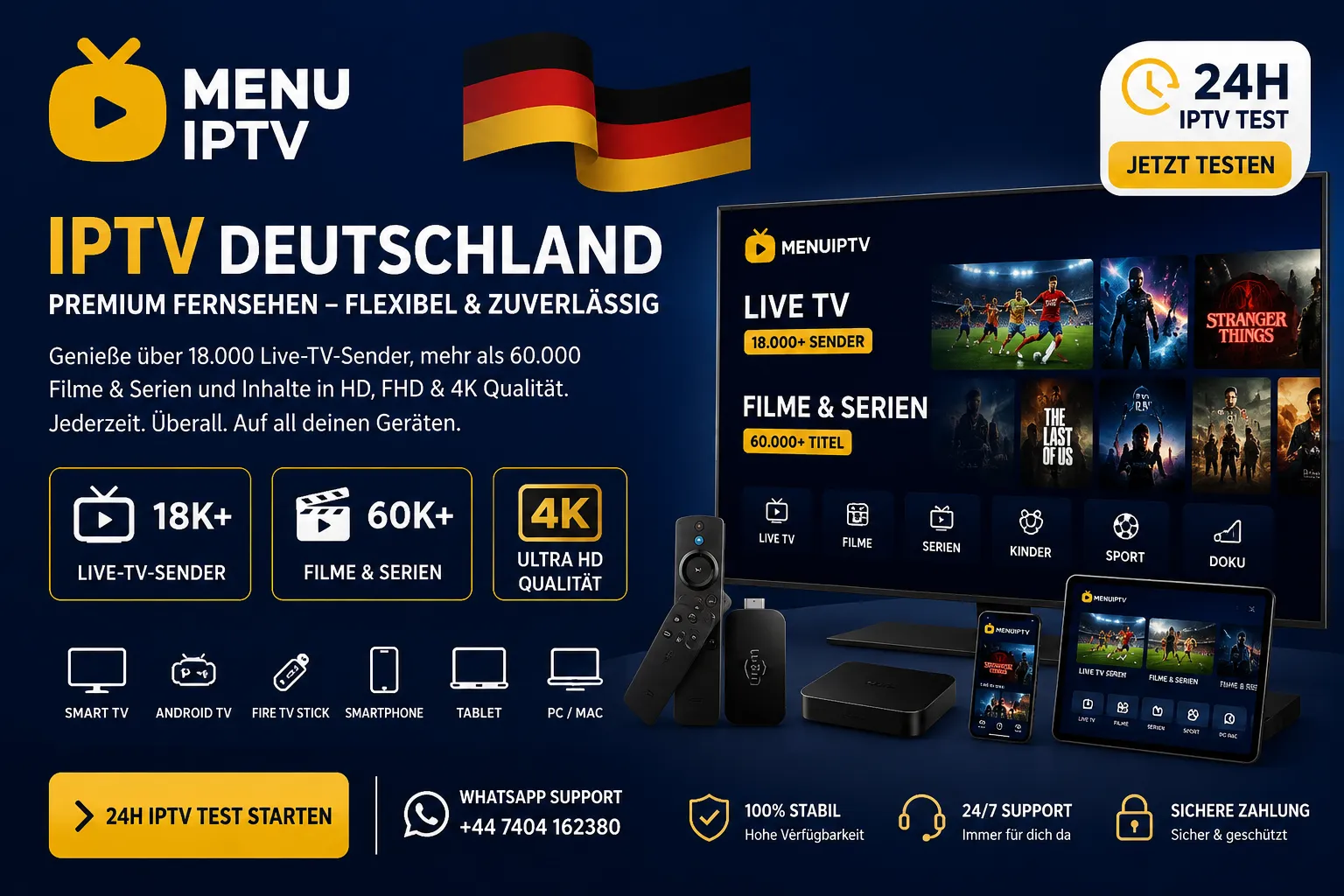 IPTV Deutschland 2026 mit über 18.000 Live-TV-Sendern, 60.000+ Filmen und Serien sowie HD-, Full-HD- und 4K-Streaming von MenuIPTV.