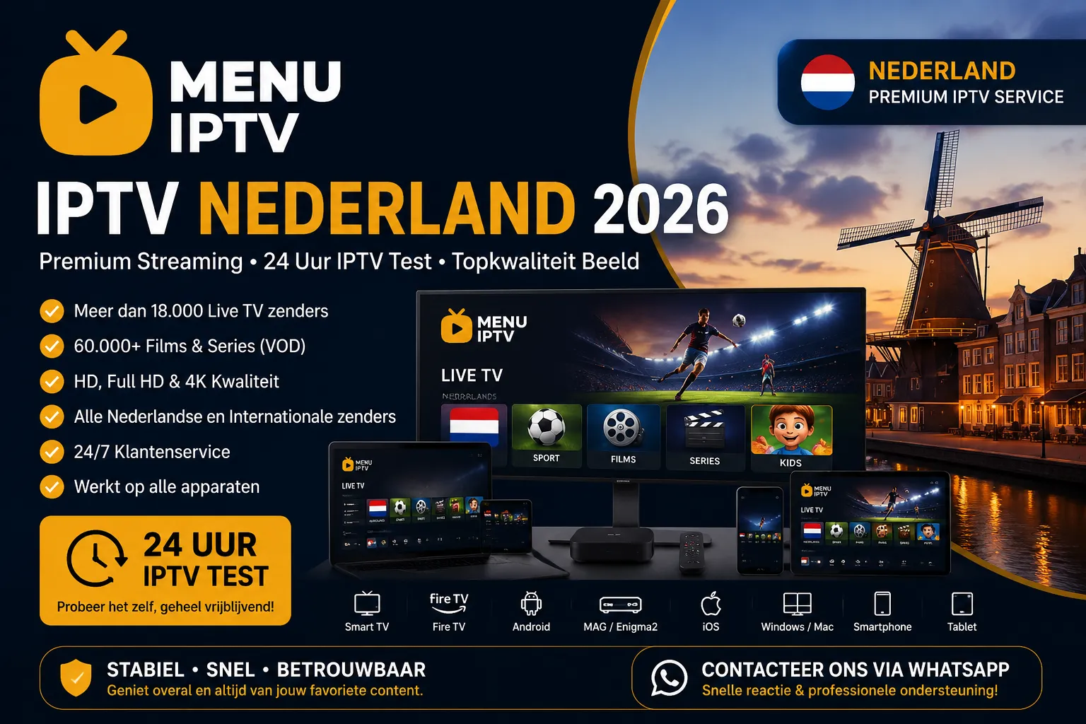 IPTV Nederland 2026 met MenuIPTV - 18.000+ live tv-zenders en 60.000+ films & series