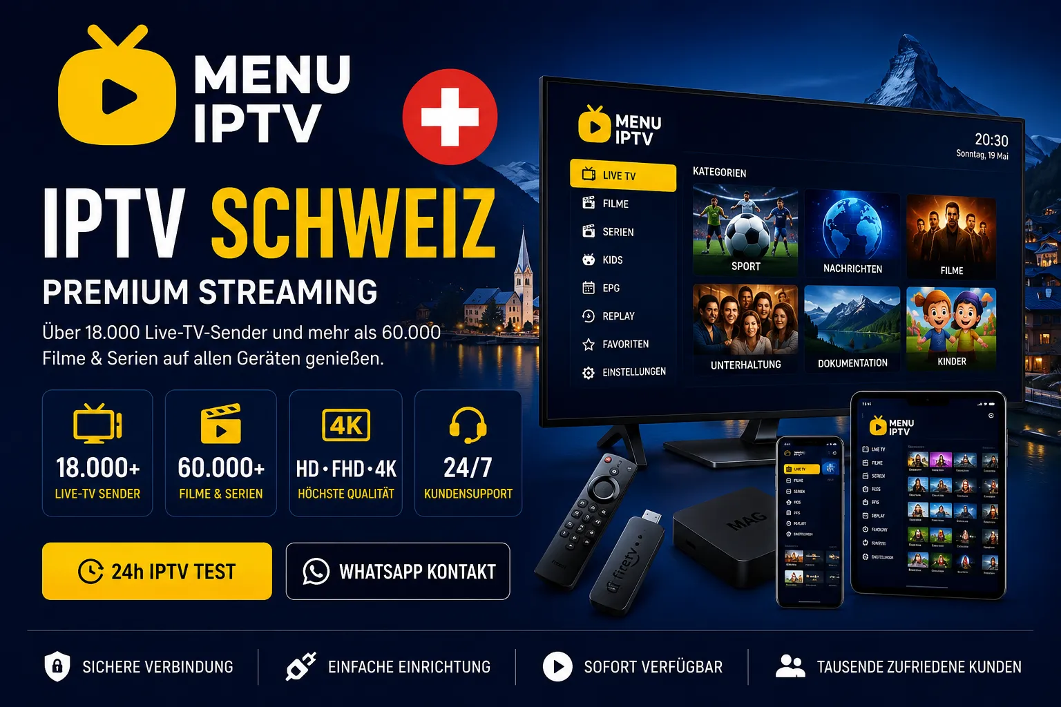 IPTV Schweiz 2026 mit über 18.000 Live-TV-Sendern, 60.000+ Filmen und Serien von MenuIPTV