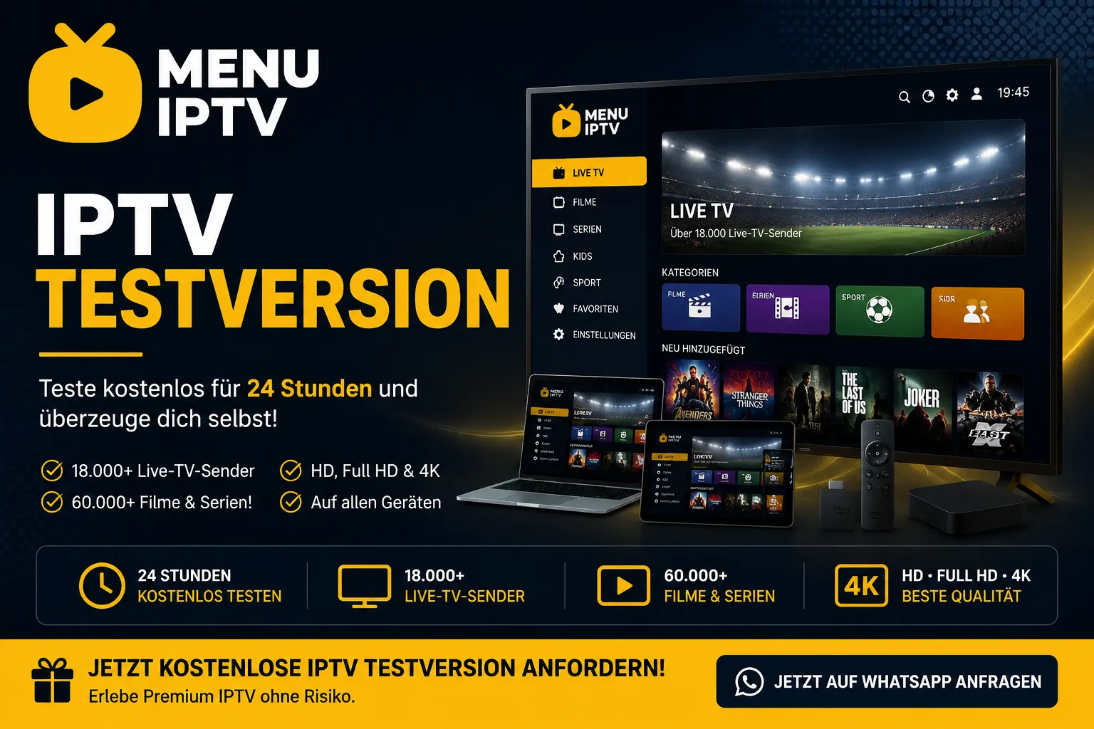 Kostenlose IPTV Testversion von MenuIPTV mit über 18.000 Live-TV-Sendern