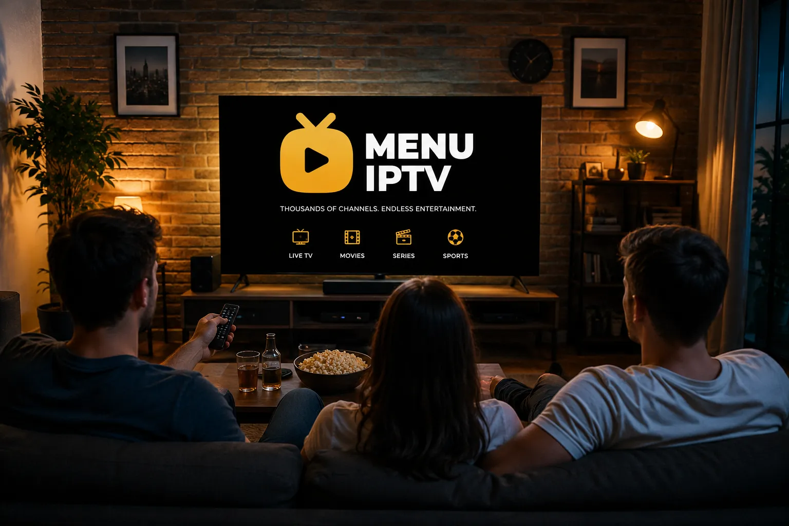 Three people watching MenuIPTV on Smart TV