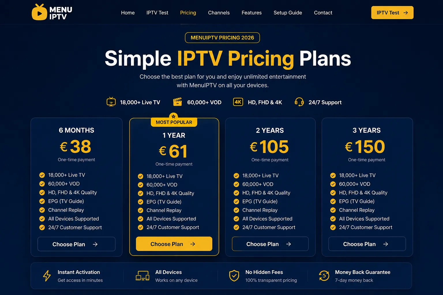 Best IPTV pricing 2026 with MenuIPTV plans and prices