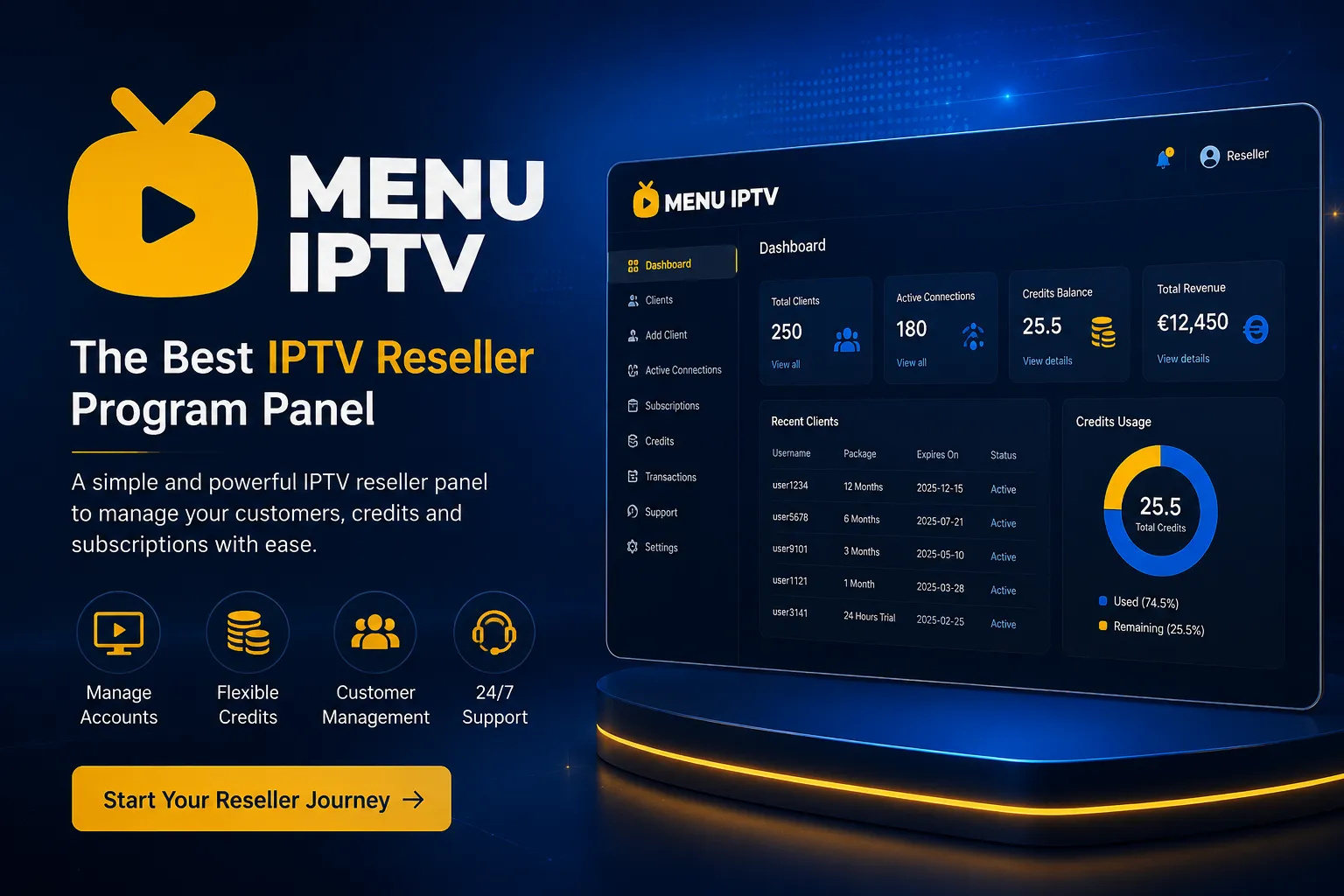 MenuIPTV IPTV reseller program panel for managing customer accounts and credits